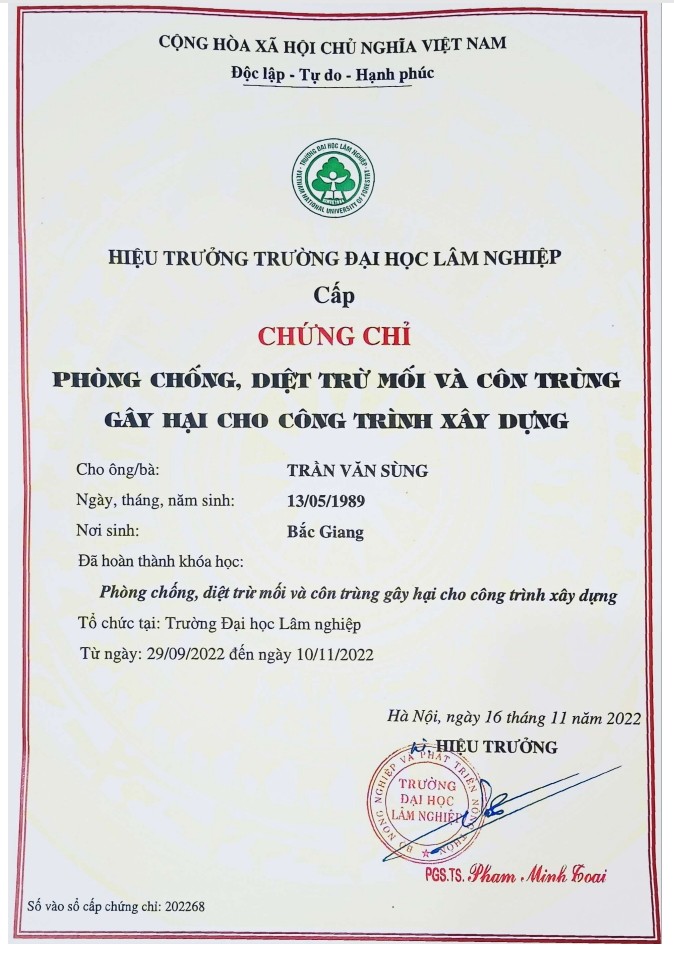 Chứng chỉ phòng chống, diệt trừ mối và côn trùng 